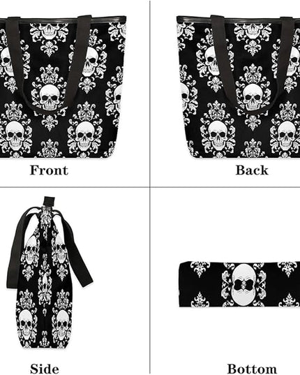 Pardick Canvas Tote Bags, Gothic Skull Tote Bag Eco Friendly Reusable Grocery Shopping Bagsfor Beach, Books, Women with Zipper Inner Pocket