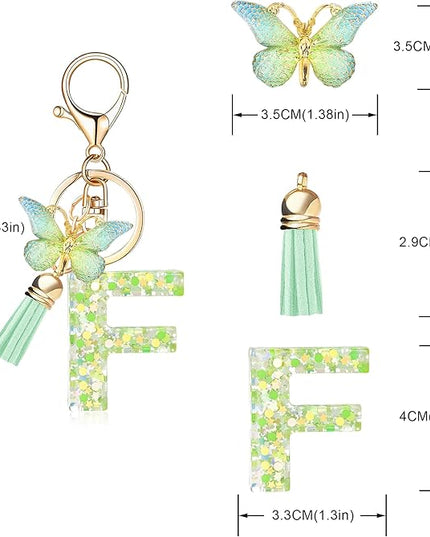Fashion Alphabet Initial Letter Keychain Tassel Butterfly Pendant Key Ring for Purse Handbags Women Girl