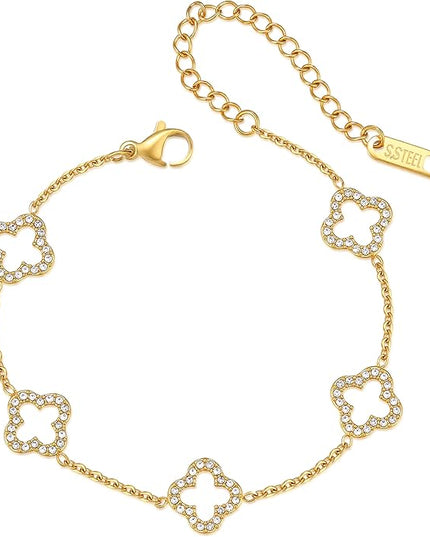 CLAIRETTE Premium PVD Gold-Plated Clover Lucky Bracelet for Women Flower Four Leaf Link Bracelets Trendy Jewelry Gifts for Women