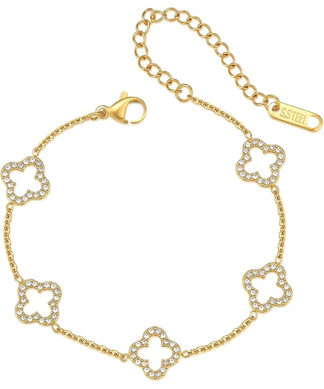 CLAIRETTE Premium PVD Gold-Plated Clover Lucky Bracelet for Women Flower Four Leaf Link Bracelets Trendy Jewelry Gifts for Women