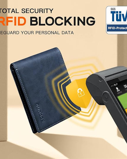 RUNBOX Wallet for Men Slim Leather Bifold RFID Blocking Minimalist Front Pocket Design with Gift Box