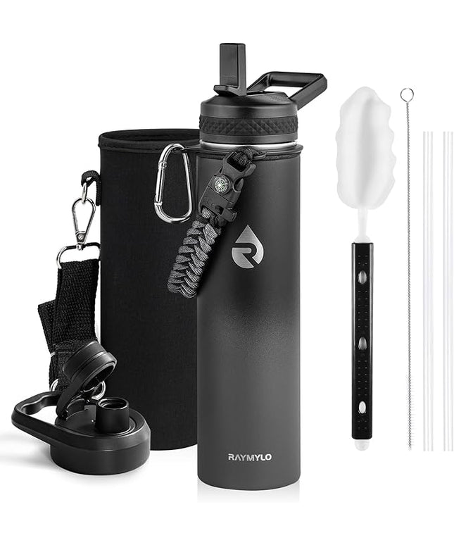 Insulated Water Bottle 24oz, Triple Wall Vacuum Stainless Steel (Cold for 48 Hrs, Hot for 24Hrs), Leak Proof & Non-BPA, 24oz Hydro Water Flask with Paracord Handle & Straw Spout Lids