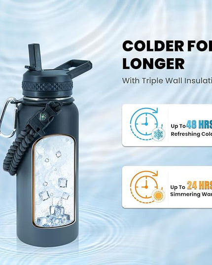 Insulated Water Bottle 32 oz, Triple Wall Vacuum Stainless Steel (Cold for 48 Hrs), Leak Proof & Non-BPA, Modern Water Flask Jug with Paracord Handle & Straw Spout Lids, Dark Grey
