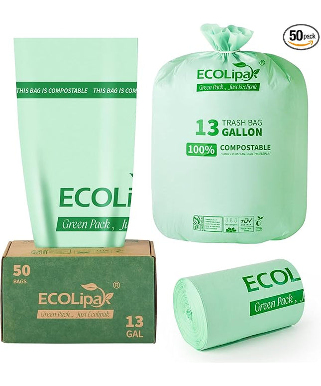 ECOLipak 13 Gallon Compostable Trash Garbage Bags, 50 Count (1 Roll) Biodegradable Heavy Duty Bathroom Kitchen Trash Bags for Home/Office, US BPI ASTM D6400 and OK Compost Home Certified