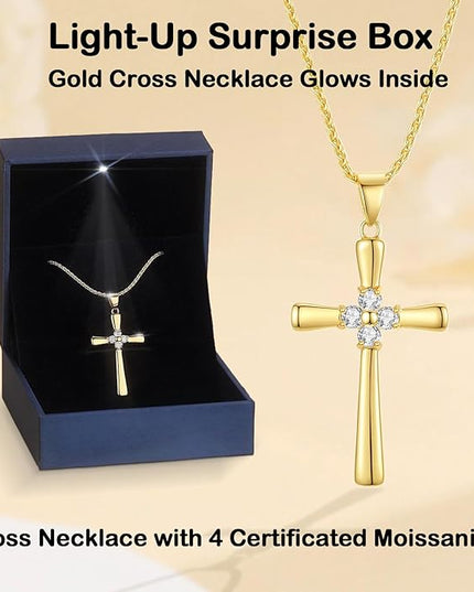 Gold Moissanite Cross Necklace for Women Wife in Light-Up Gift Box,Love Card - Women Anniversary Birthday Gifts Ideas for Wife Her Girlfriend, Christian Cross Chain Jewelry 1CT (18K Real Gold Filled)