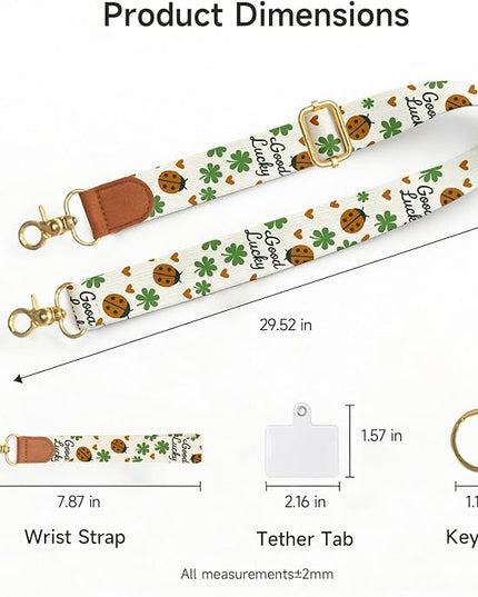 Cell Phone Lanyard Crossbody with Wrist Strap, Adjustable Lucky Ladybug Phone Lanyard Wrist for Phones, Car Keys, Wallet and ID Badge – Universal Set