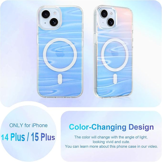 Cute Case for iPhone 15 Plus & 14 Plus Case for Women Girls [ Compatible with Magsafe ] Clear Glitter Girly Aesthetic Rainbow Sparkly Bling Magnetic Phone Cover, Iridescent Milky Way