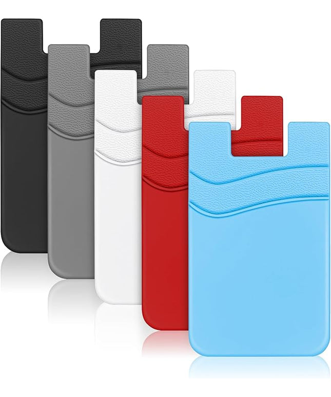 SHANSHUI Phone Wallet Stick on, Card Holder for Back of Phone Double Silicone Credit Business Card Sleeve Pocket Compatible for iPhone, Samsung Galaxy and Every Smartphones (MultiColors-5pcs)