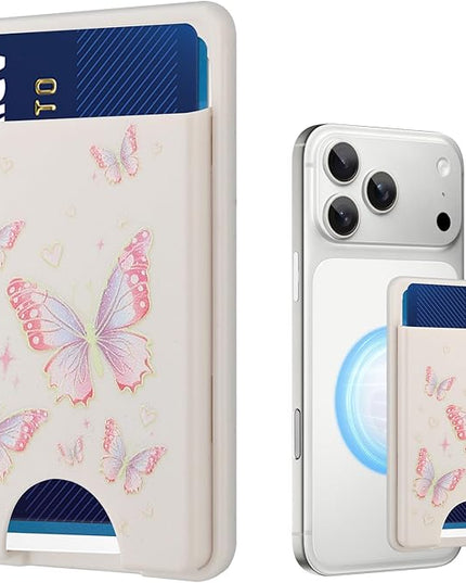 Stronger Magnetic Card Slot Wallet for iPhone 17/16/15/14/13/12 Series (Not for 13/12 Mini), Butterfly Pattern Hard Card Holder Fit 3 Cards Compatible with Magsafe Accessories, White