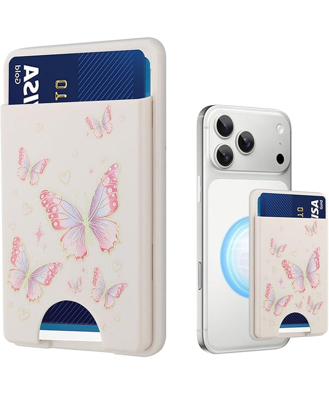 Stronger Magnetic Card Slot Wallet for iPhone 17/16/15/14/13/12 Series (Not for 13/12 Mini), Butterfly Pattern Hard Card Holder Fit 3 Cards Compatible with Magsafe Accessories, White