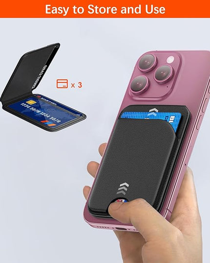 for Magsafe Wallet, Phone Cardholder with Adjustable Stand, Magnetic Card Holder with 3 Card Slots, Magnetic Wallet for iPhone 16/15/14/13/12 Series, Not for iPhone 13/12 Mini(Black, Leather)