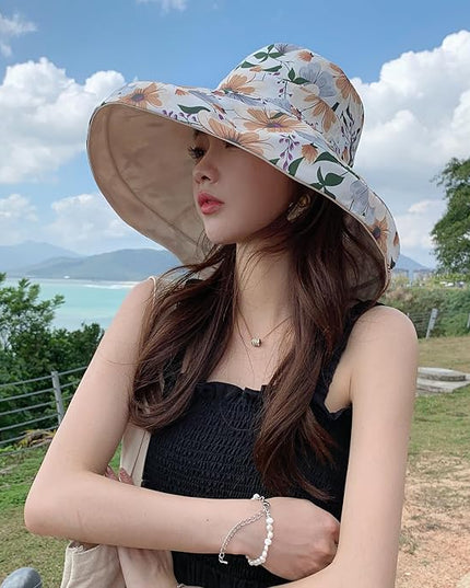 HUAMULAN Women Summer Sun Hat Wide Brim Wired Edge Floral Beach Bucket Hats Reversible Foldable Travel UV Protection Lady Hat