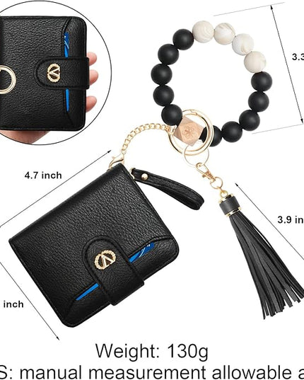 Multi-Purpose Wallet High Capacity Card Holder Zipper Coin Purse with Wristlet Bracelet Keychain Silicone Beaded Bangle Key Ring