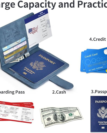 Passport Holder, Passport Cover with Credit Card Slot and Boarding Pass Slot Combo, Passport Wallet Case Book Travel Must Have, RFID Blocking Leather Travel Accessories, Navy Blue
