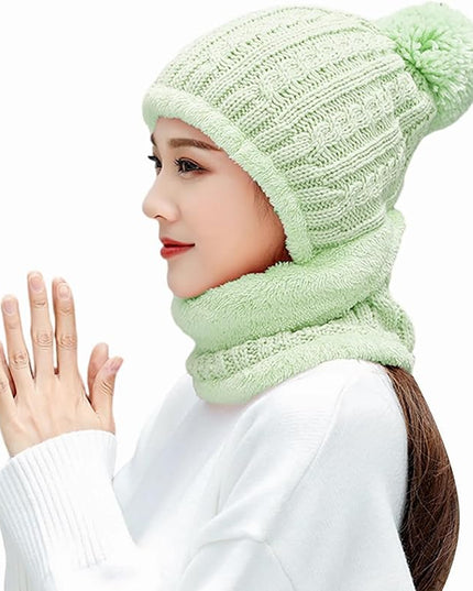 HUAMULAN Women Winter Beanie Hats One Piece Fleece Lined Knit Balaclavas Mask Set Skull Neck Circle Scarf Ski Snow Hat Pompom