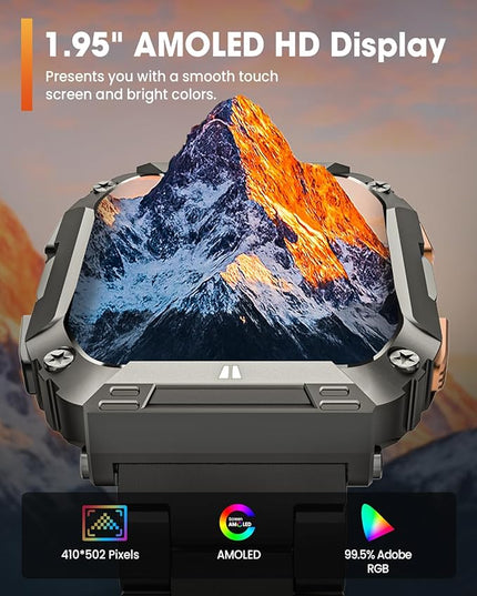 Smart Watches for Men, 1.95'' Fitness Watch: Military Smart Watch with 100 Days Battery Life/Call/Flashlight, Waterproof Sport Smartwatch for Android iPhone Sleep/SpO2/Heart Rate Monitor/Step Tracker