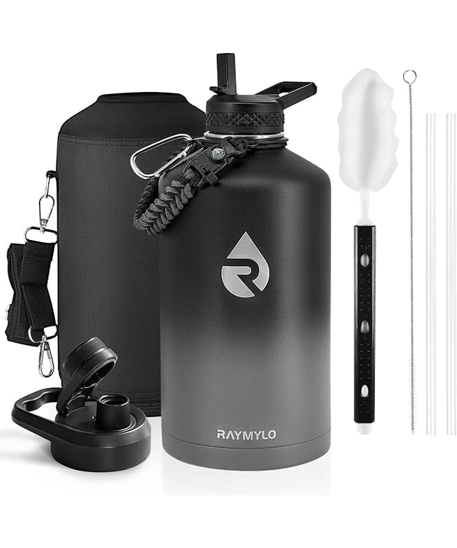 One Gallon Water Bottle Insulated, Triple Walled Vacuum Stainless Steel (Cold for 48 Hrs), Leak Proof & Non-BPA, Large Water Flask Jug with Paracord Handle & Straw Spout Lids