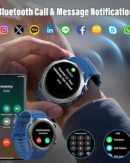 Military Smart Watches for Men(Answer/Make Calls), 1.39"HD Fitness Watch, 24/7 Heart Rate Sleep Monitor, Smart Watch for Men 110+ Sport Modes, 30Day, IP68 Waterproof Smartwatch for Android iOS, Blue