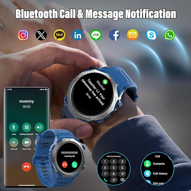 Military Smart Watches for Men(Answer/Make Calls), 1.39"HD Fitness Watch, 24/7 Heart Rate Sleep Monitor, Smart Watch for Men 110+ Sport Modes, 30Day, IP68 Waterproof Smartwatch for Android iOS, Blue