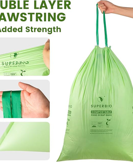 SUPERBIO 13 Gallon Compostable Drawstring Kitchen Waste Bag, 49.2 Liter, 30 Count,1 Mil, Heavy Duty Food Scrap Bags, BPI, Seedling and OK compost INDUSTRIAL