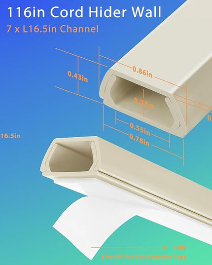 Wall Cable Hider Kit, 116in TV Wire Hider for Wall, Paintable Cord Hider Wall, Cord Organizer Hide 1-2 Cords Wall Mounted TV, Wire Cover for Wall, Cord Concealer 7XL16.5 W0.86 H0.43in, Beige