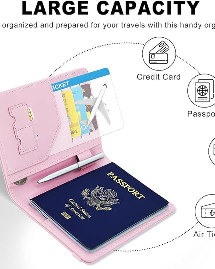 ACdream RFID BLOCKING Passport Holder Travel Wallet, Premium PU Leather Cover Passport Book with Card Holder, Pen Holder, Keep Organization, and Travel Essentials for Women and Men, Bright Pink