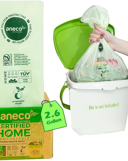 (Include 10 Bonus Bags) ANECO 100% Compostable Waste Bags 2.6 Gallon, Extra Thick Kitchen Small Compost Bags for Countertop Bin, 110 Count (100 + 10 Extra)