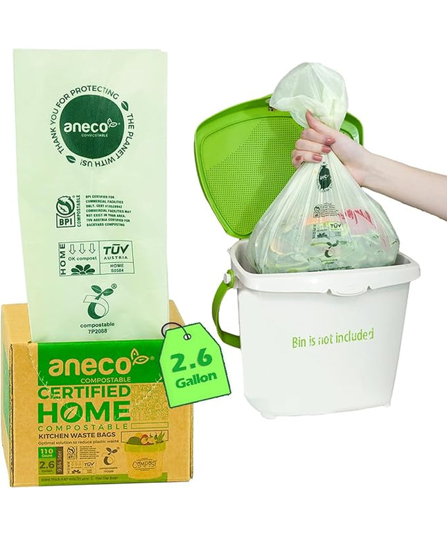(Include 10 Bonus Bags) ANECO 100% Compostable Waste Bags 2.6 Gallon, Extra Thick Kitchen Small Compost Bags for Countertop Bin, 110 Count (100 + 10 Extra)