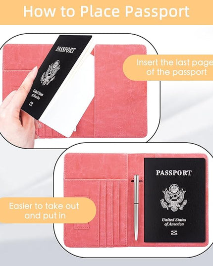WALNEW Passport Holder for Travel, RFID Passport Cover Wallet for Women Men, PU Leather Passport Book Card Holder Case with Pen, Travelling Essentials for Flying
