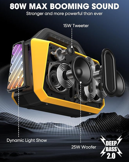Portable Bluetooth Speakers - Wireless Jobsite Speaker 80W Peak, TWS, Light Shows, Loud Speaker with Deep Bass, BT 5.3, IPX6 Waterproof, 20H Playtime for Outdoor Beach Camping Garage - Yellow