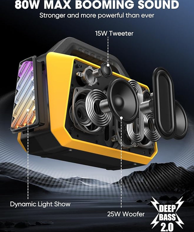Portable Bluetooth Speakers - Wireless Jobsite Speaker 80W Peak, TWS, Light Shows, Loud Speaker with Deep Bass, BT 5.3, IPX6 Waterproof, 20H Playtime for Outdoor Beach Camping Garage - Yellow