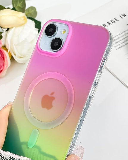 Aesthetic Case for iPhone 14 Plus & iPhone 15 Plus Case for Women Girls, Compatible with Magsafe, Cute Girly Trendy Glitter Sparkly Bling Rainbow Magnetic Phone Cover, Iridescent Pink & Green