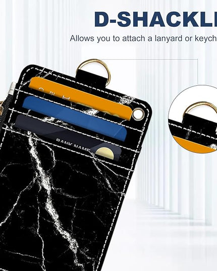 Slim Wallet Credit Card Holder, Black marble texture, RFID Wallet Women Cute Small Front Pocket Wallet With Zipper, PU Leather Thin travel RFID Blocking Card Case ID Window,Ladies Gifts