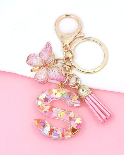 Fashion Alphabet Initial Letter Keychain Tassel Butterfly Pendant Key Ring for Purse Handbags Women Girl