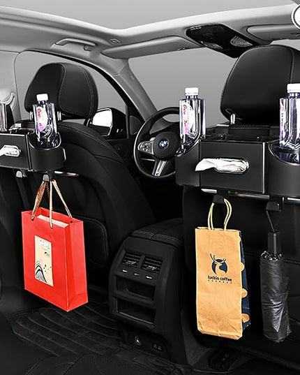 Back Seat Car Organizer,4 in 1 Multifunctional Car Back Seat Storage Box with Drink Cup Holder Tissue Box, for Hold Phone,Snacks, Drinks, Handbag-Black-2Packs