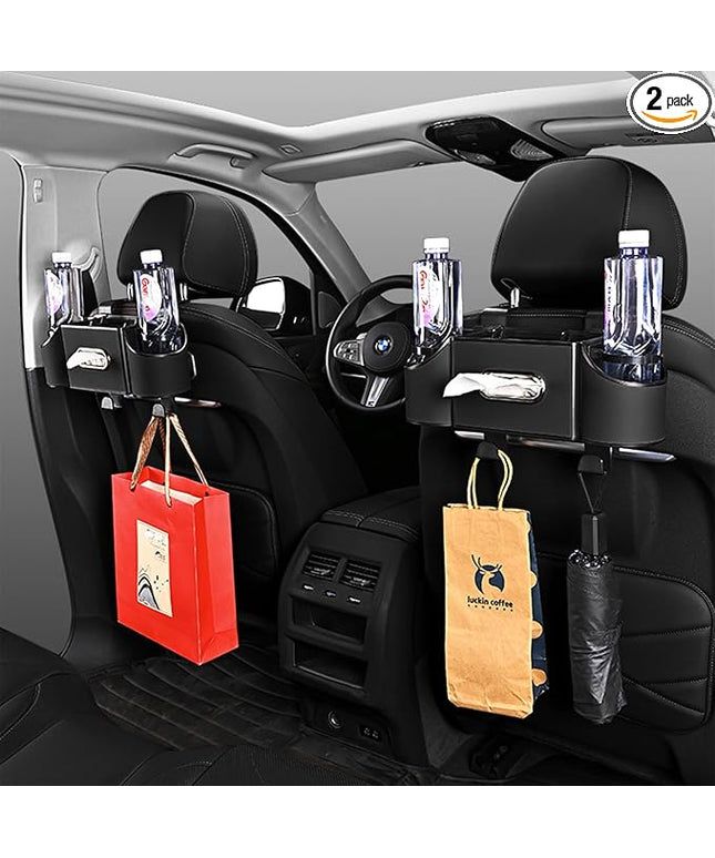 Back Seat Car Organizer,4 in 1 Multifunctional Car Back Seat Storage Box with Drink Cup Holder Tissue Box, for Hold Phone,Snacks, Drinks, Handbag-Black-2Packs