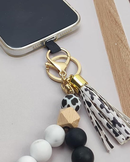 Phone Lanyard Silicone Beaded Phone Wrist Strap Cute Elastic Cell Phone Wristlet Chain Bracelet with 2 Tether Tab