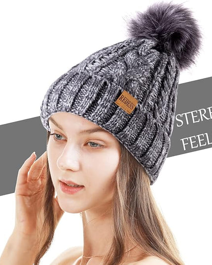 REDESS Women Winter Pompom Beanie Hat with Warm Fleece Lined, Thick Slouchy Snow Knit Skull Ski Cap