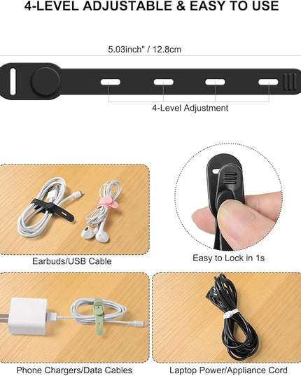 OneLeaf 16Pcs Adjustable Silicone Cable Ties, Reusable Cord Organizer for Desk Setup, PC, TV & Office Cubicle, Secure Soft Anti-Lost Cable Straps for Electronics - Black