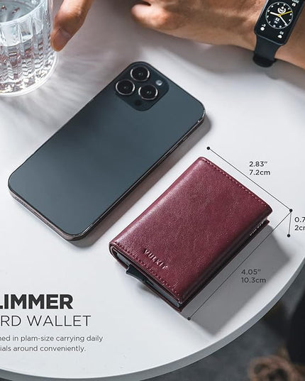 VULKIT Pop up Card Wallet Minimalist Cash Wallets RFID Blocking Leather Smart Credit Card Holder with ID window for Men (Wine)
