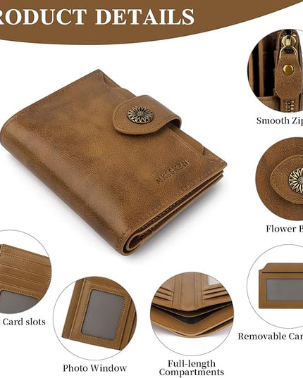 MKSSKEN Wallet Women,Rfid Blocking Leather Womens Wallet,Bifold Compact Carteras Para Mujer Card Holder with Removable ID Window(Apricotcoffee)