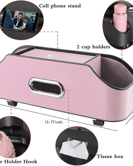 HOLDCY Car Back Seat Organizer with 2 Drink Cup Holder - Tissue Box and Storage Box Hook - Multi-functional Storage - Great for Kids and Travel (Pink)