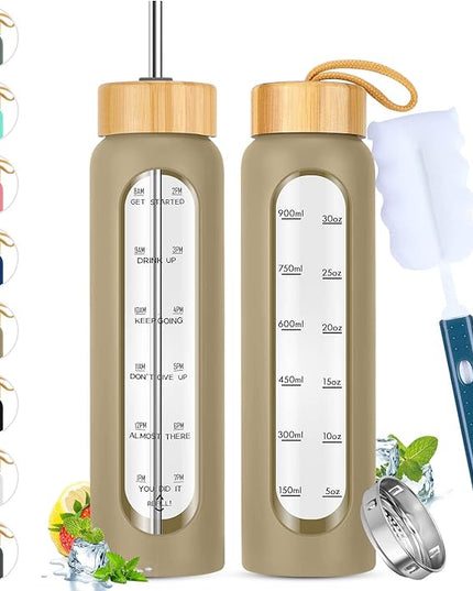 32 oz Glass Water Bottle with Straw - Motivational Time Marker & Silicone Sleeve - Reusable Tumbler Includes 2 Bamboo Lids & Fruit Infuser - 1 Pack