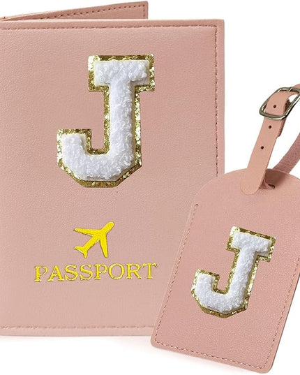 COSHAYSOO Initial Passport Cover Holder and Luggage Tag Set with Chenille Letter Patch ABC for Women Teenage Girls, Travel Essentials Must Have Stuff Bag Suitcase Identifier Pink J