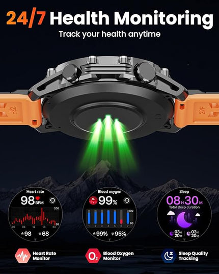 Hwagol Smart Watches for Men (Call/Notification),1.52'' Military Smart Watch, Two Style Kits,Flashlight,100+Sport Modes/Heart Rate/Sleep Monitor/Pedometer (Orange-Blue)