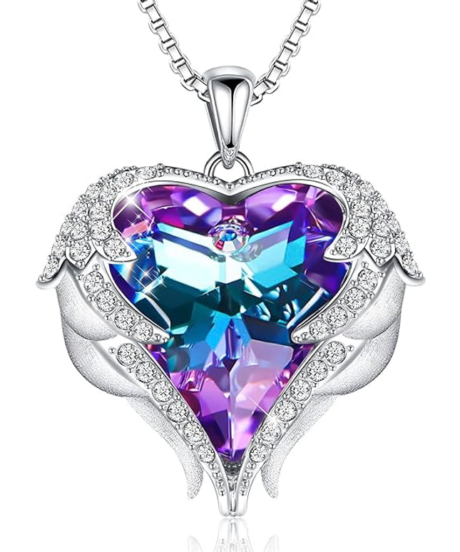 CDE Christmas Gifts for Women Angel Wings Necklace for Women with Birthstone, Love Heart Silver Tone/Gold Tone Pendant, Ideal Anniversary or Birthday Jewelry Gifts for Wife Girlfriend Her