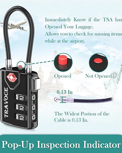Search Alert TSA Approved Travel Combination Luggage Cable Locks for Suitcase, Gym Locker,Toolbox,Backpack 1,2,4,6 &10 pk (Black 3 Pack)