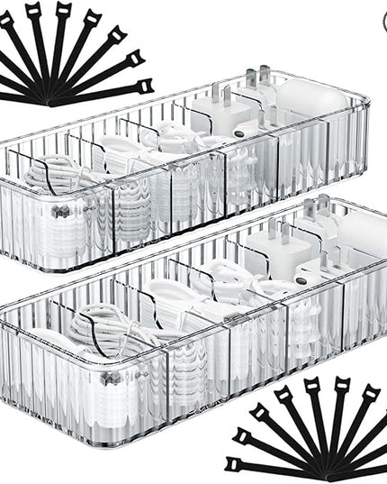 Cable Storage Boxes Organizers 2 Pack,Cord Charger Storage Organizer Box Case with 20pcs Cable Ties,Stackable,Clear