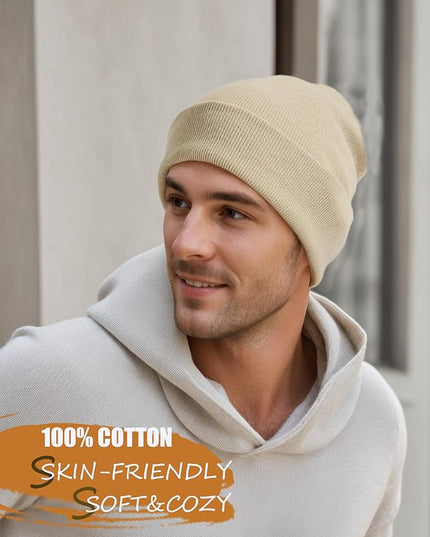 100% Cotton Beanie Hat- Unisex Ultra Soft Winter Warm Stretch Knit Cuffed Hats Fisherman Beanies Skull Cap