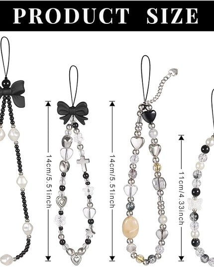 Draupnir 4pcs Phone Charms Strap, Butterfly Bow Camera Strap Wrist Beaded Phone Bracelet Wrist Straps, Pearl Bracelet Lanyard Keychain Charm for Women
